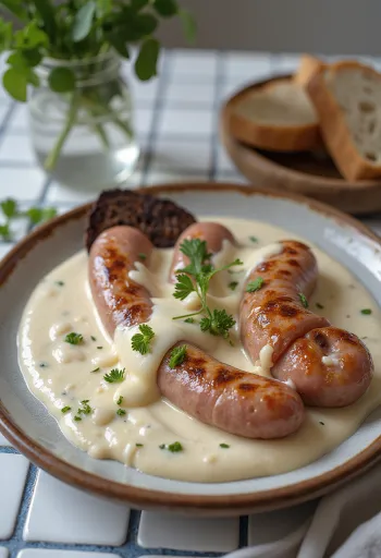 Røkt pølse i rømmesaus servert med tilbehør