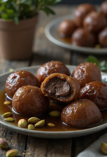 Gulab Jamun med sjokolade, dekket med rik sjokolade, gjennomtrukket av sirup