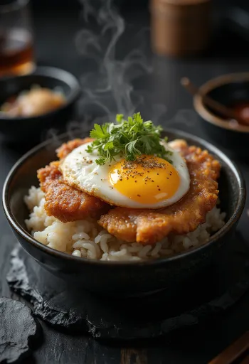 Katsudon servert med sprøtt svinekjøtt og vårløk