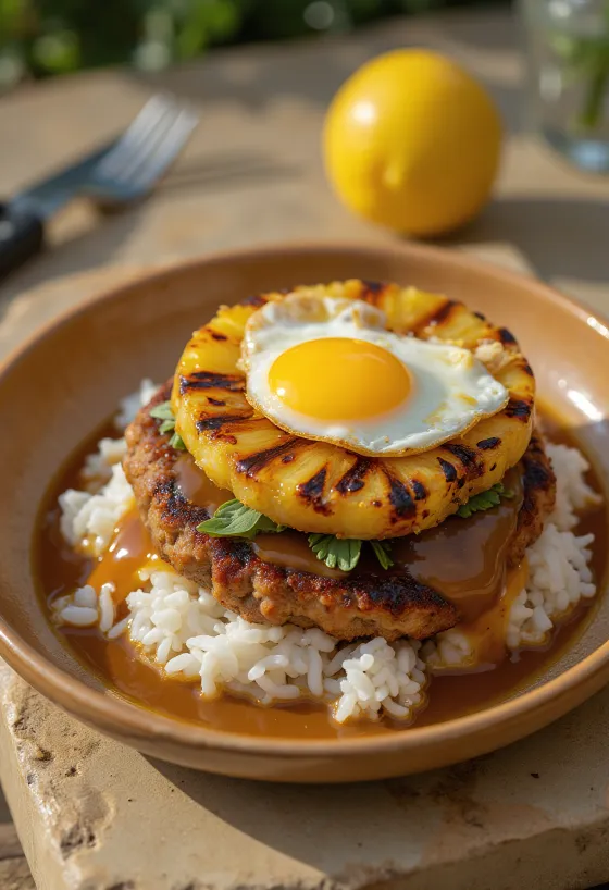 Loco Moco med stekt ananas, servert med ris, kjøttkake, egg og stekte ananasskiver