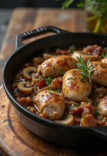 Pheasant casserole servert i en rustikk form med friske urter.