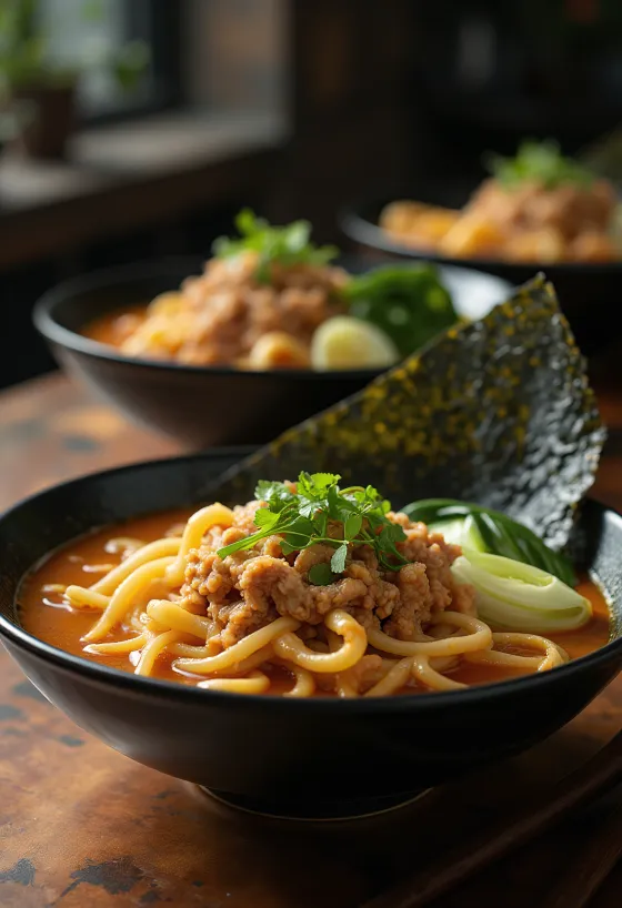Tantanmen ramen servert med sesambasert kraft og kjøttdeig