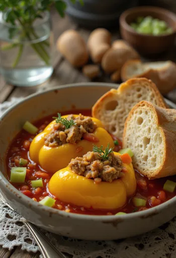 Fylt paprika i tomatsaus, fylt med ris og kjøttdeig