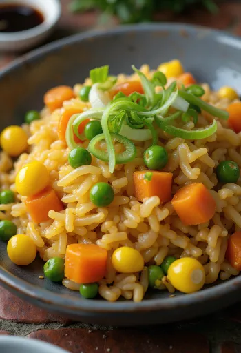Vegansk stekt ris med grønnsaker, servert fersk fra en wok.