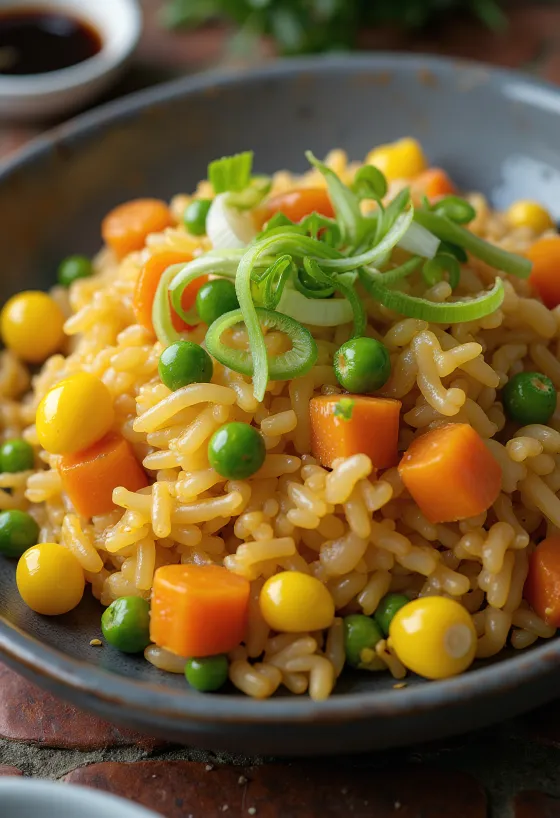 Vegansk stekt ris med grønnsaker, servert fersk fra en wok.