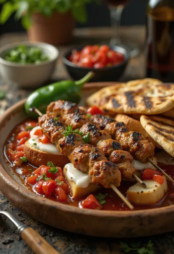 Yoğurtlu Kebab med grillede kjøttspyd, tomatsaus og yoghurt