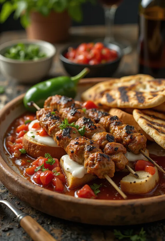 Yoğurtlu Kebab med grillede kjøttspyd, tomatsaus og yoghurt
