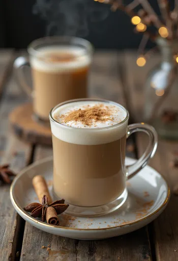 Chai tea latte i krus, pyntet med kanel og kardemomme