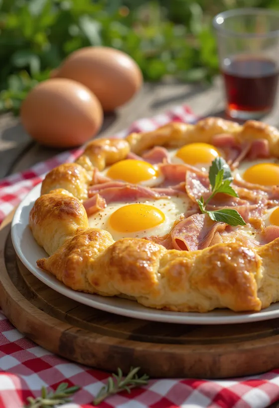Salt crostata med skinke ost og basilikum servert