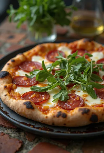 Diavola-pizza med ruccola og krydret salami
