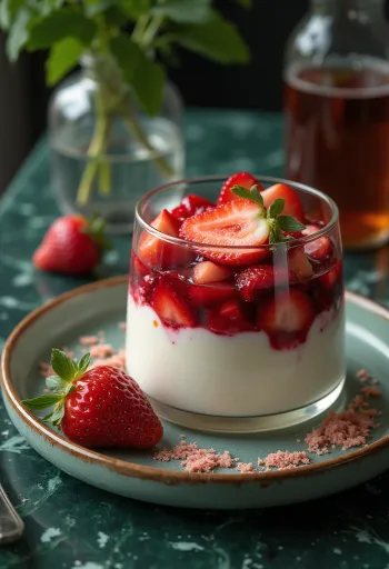 Jordbærtrifle lagvis i glass med mynte