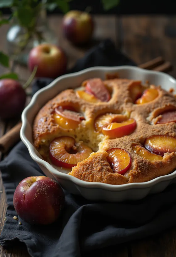 Kanel-plommekake servert med melis og kanel
