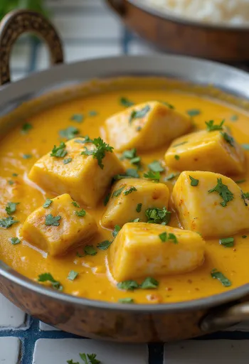 Kerala fiskecurry med svinekjøtt, servert i rik kokosmelkbase