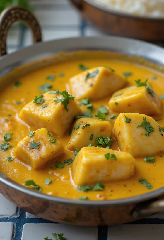 Kerala fiskecurry med svinekjøtt, servert i rik kokosmelkbase