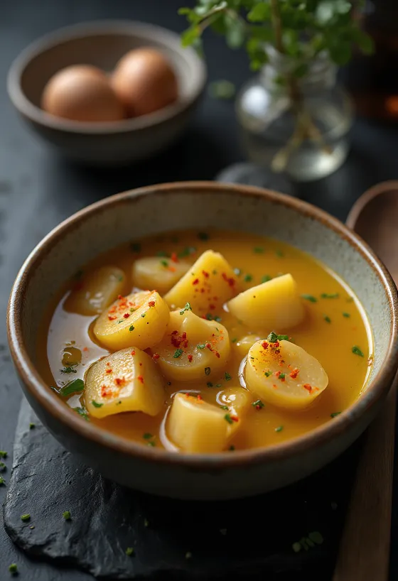 Lebbencs-suppe beriket med pasta, poteter og røkt bacon