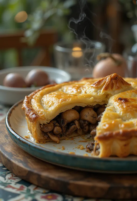 Pigeon pie servert med gyllen skorpe.