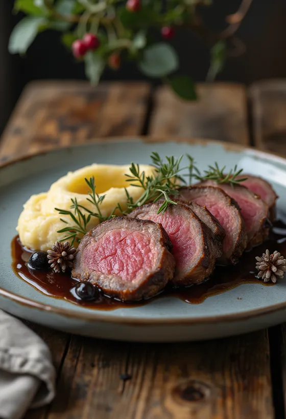 Rosastekt hjorteytrefilet med mørk einebærsaus