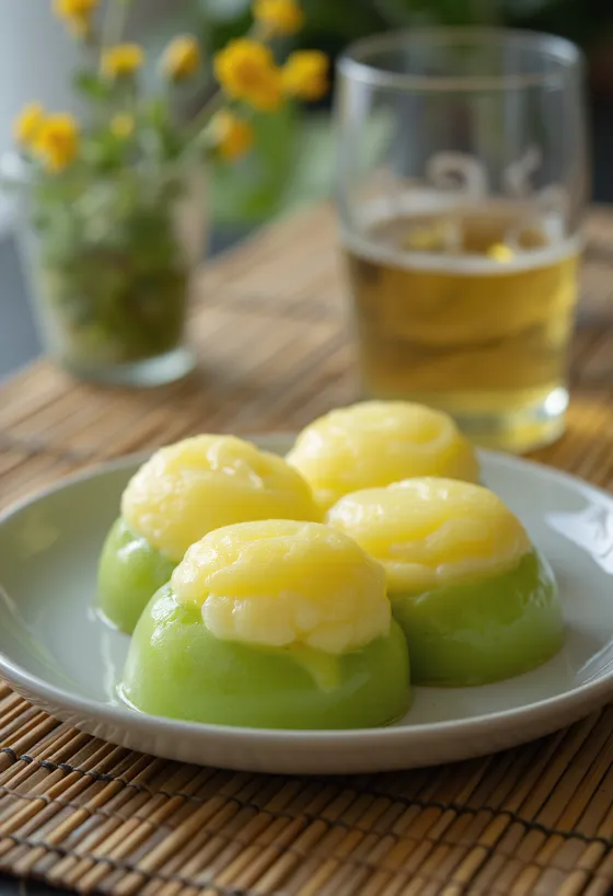 Bánh da lợn med pandan og durian, dessert med rik tropisk smak