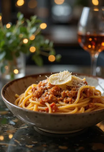 Spaghetti Bolognese drysset med fersk basilikum og parmesan
