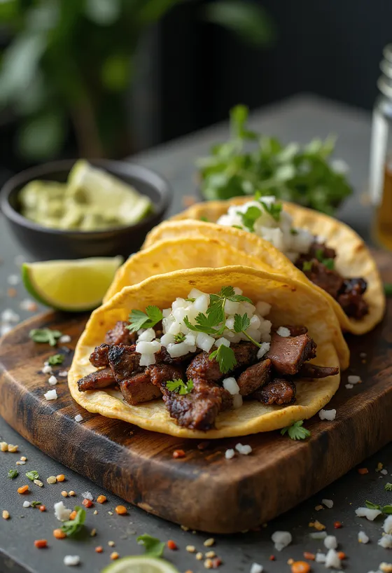 Carne asada taco servert med lime og koriander