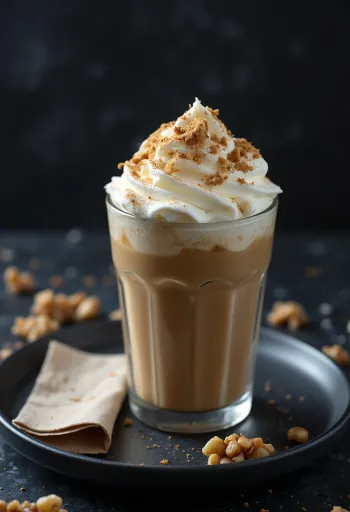 Kanel- og valnøttfrappuccino pyntet med pisket krem og malte valnøtter