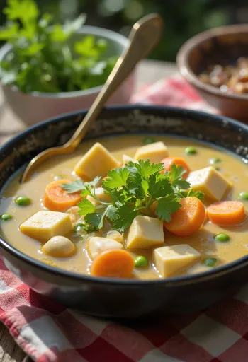 Kasu jiru med tofu, servert med kokosmelk, tofu og grønnsaker