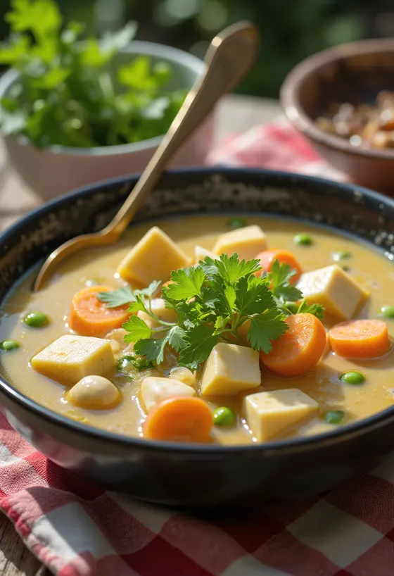 Kasu jiru med tofu, servert med kokosmelk, tofu og grønnsaker
