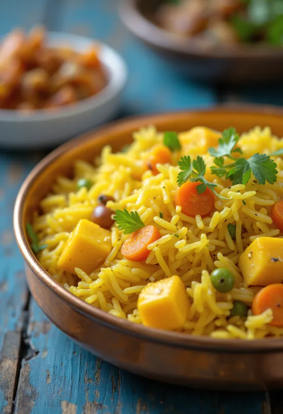 Paneer Pulao servert, pyntet med rike krydder og paneer-ost