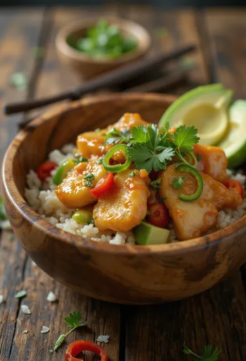 Poké bowl med kylling, friske grønnsaker og ris, pyntet med koriander og lime.