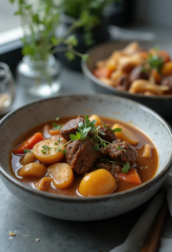 Porcupine stew servert i en rustikk bolle med friske urter.