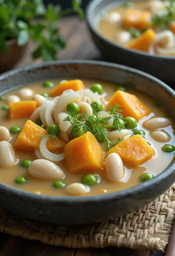 Prebiotisk gryte med purre og gresskar, servert med friske grønnsaker og bønner