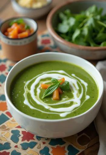 Kremet spinat- og grønnsakssuppe servert