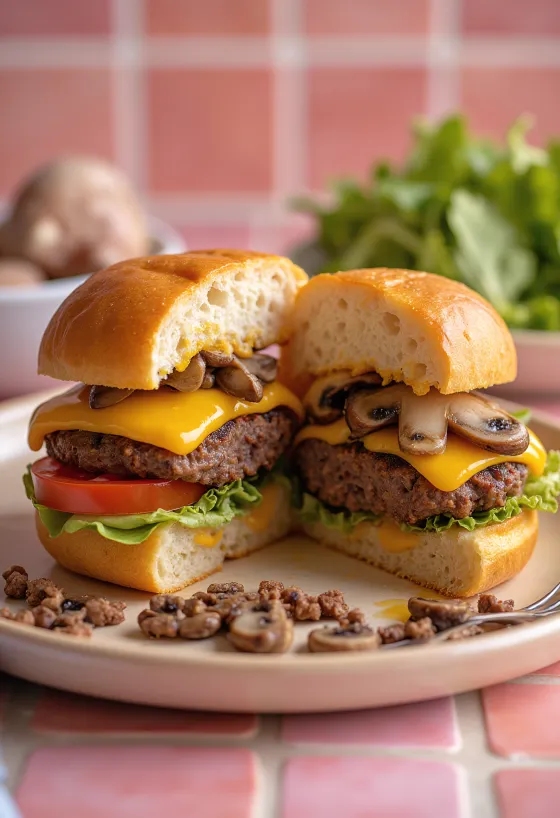 Nylaget fylt hamburger med cheddarost og sopp