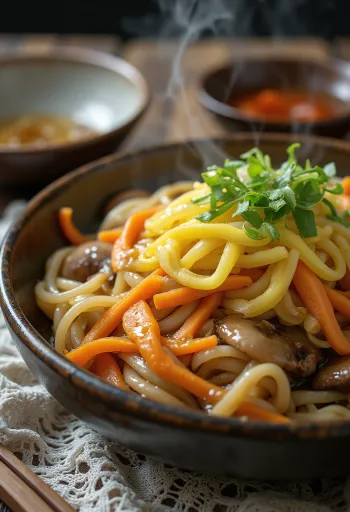 Yaki udon fersk, sprøstekt, i rik soyasaus, servert med egg
