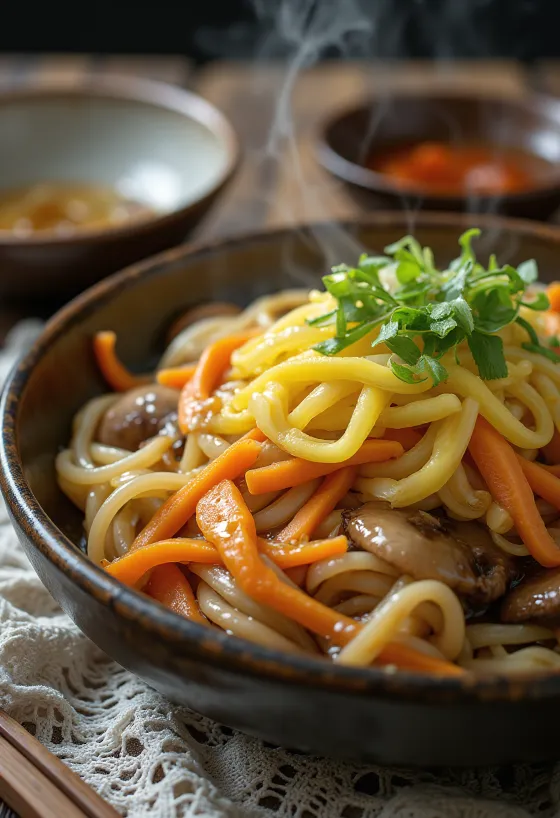 Yaki udon fersk, sprøstekt, i rik soyasaus, servert med egg