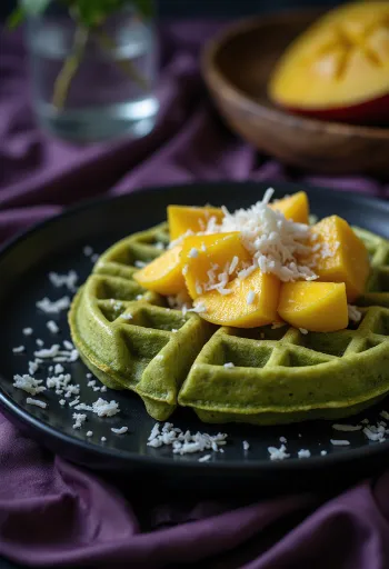Grønne vafler servert med mango og kokos