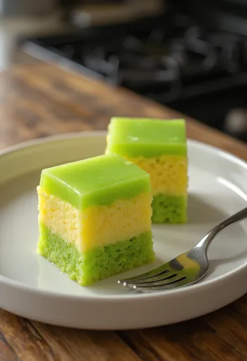 Bánh da lợn med gule og grønne lag, pyntet med pandanblader