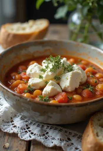 Fasolada toppet med fetaost, bønnesuppe servert med fersk olivenolje