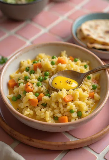 Khichdi med grønnsaker, krydret ris og grønnsaker servert med koriander