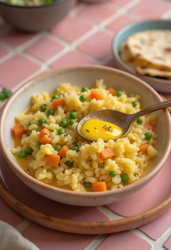Khichdi med grønnsaker, krydret ris og grønnsaker servert med koriander