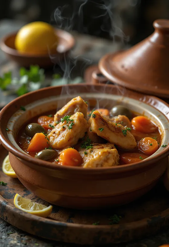 Klassisk tagine servert med kyllingkjøtt, rike grønnsaker og krydret saus