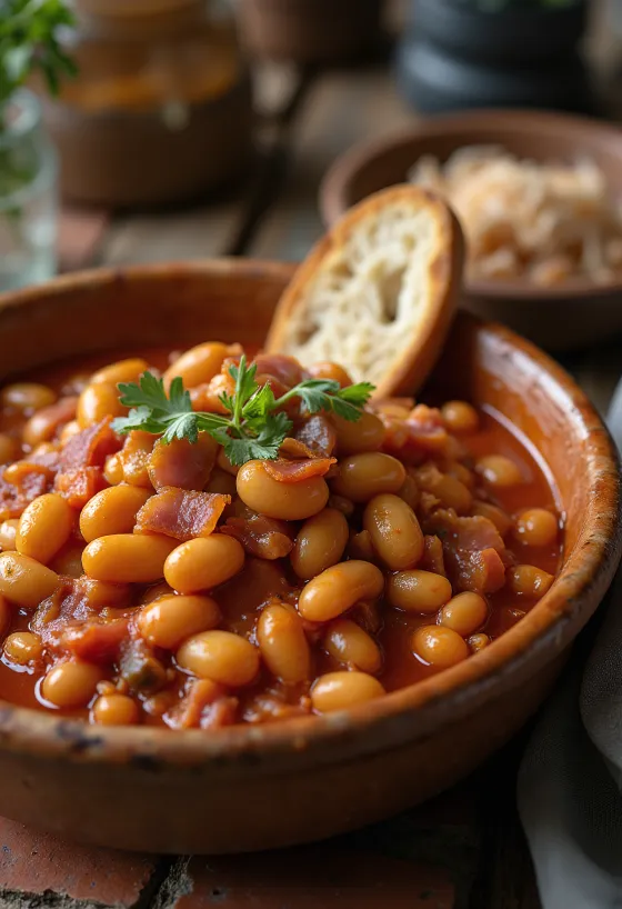 Bønner i tomatsaus servert i dyp skål med frisk persille.