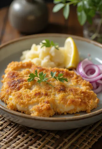 Pork schnitzel med potetsalat servert på en tallerken.
