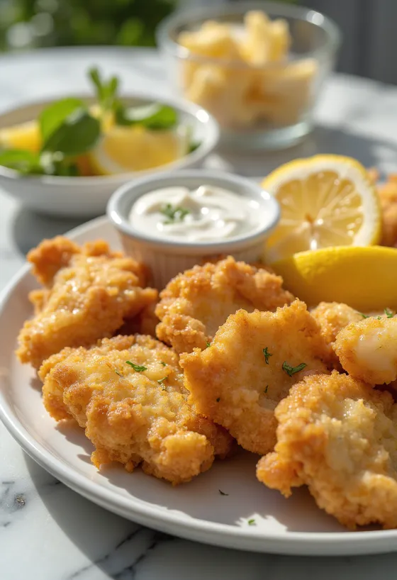 Panert hjerne servert i sprø panering med friske grønnsaker