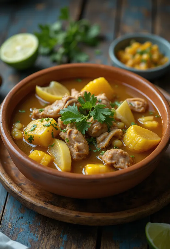 Sancocho colombiano, rik kjøttsuppe med storfekjøtt, kylling, mais og grønnsaker