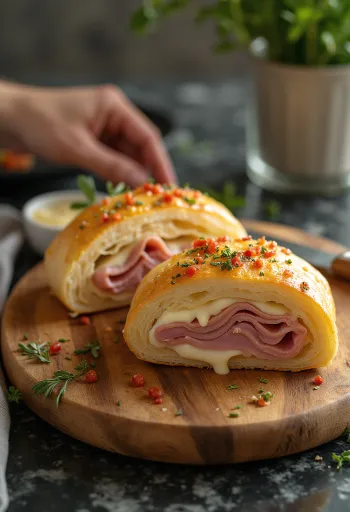 Stromboli servert med skinke, fylt med rikelig skinke og smeltet mozzarella, sprø utenpå og myk inni