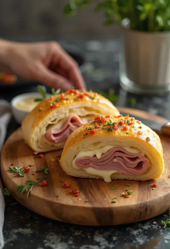 Stromboli servert med skinke, fylt med rikelig skinke og smeltet mozzarella, sprø utenpå og myk inni