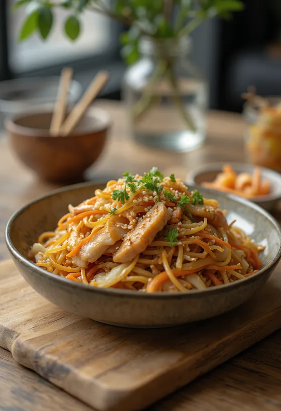 Wokpanne fylt med yakisoba-nudler, kylling og grønnsaker