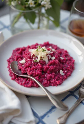Rødbeterisotto, kremet konsistens, servert med frisk persille og vegansk parmesan.