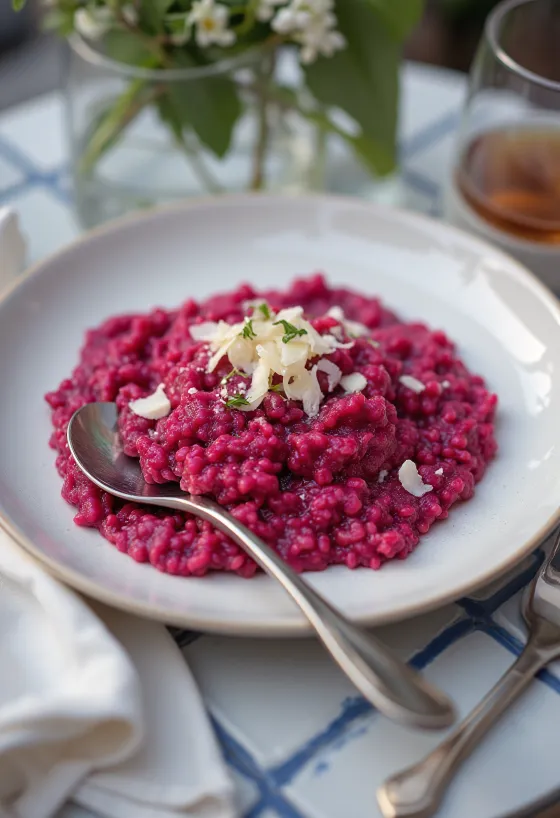 Rødbeterisotto, kremet konsistens, servert med frisk persille og vegansk parmesan.